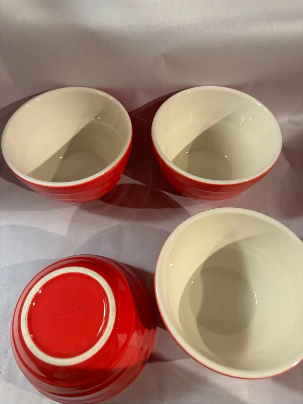 Lot 4 Crate & Barrel Parker ribbed beehive nesting bowls red w/cream interior